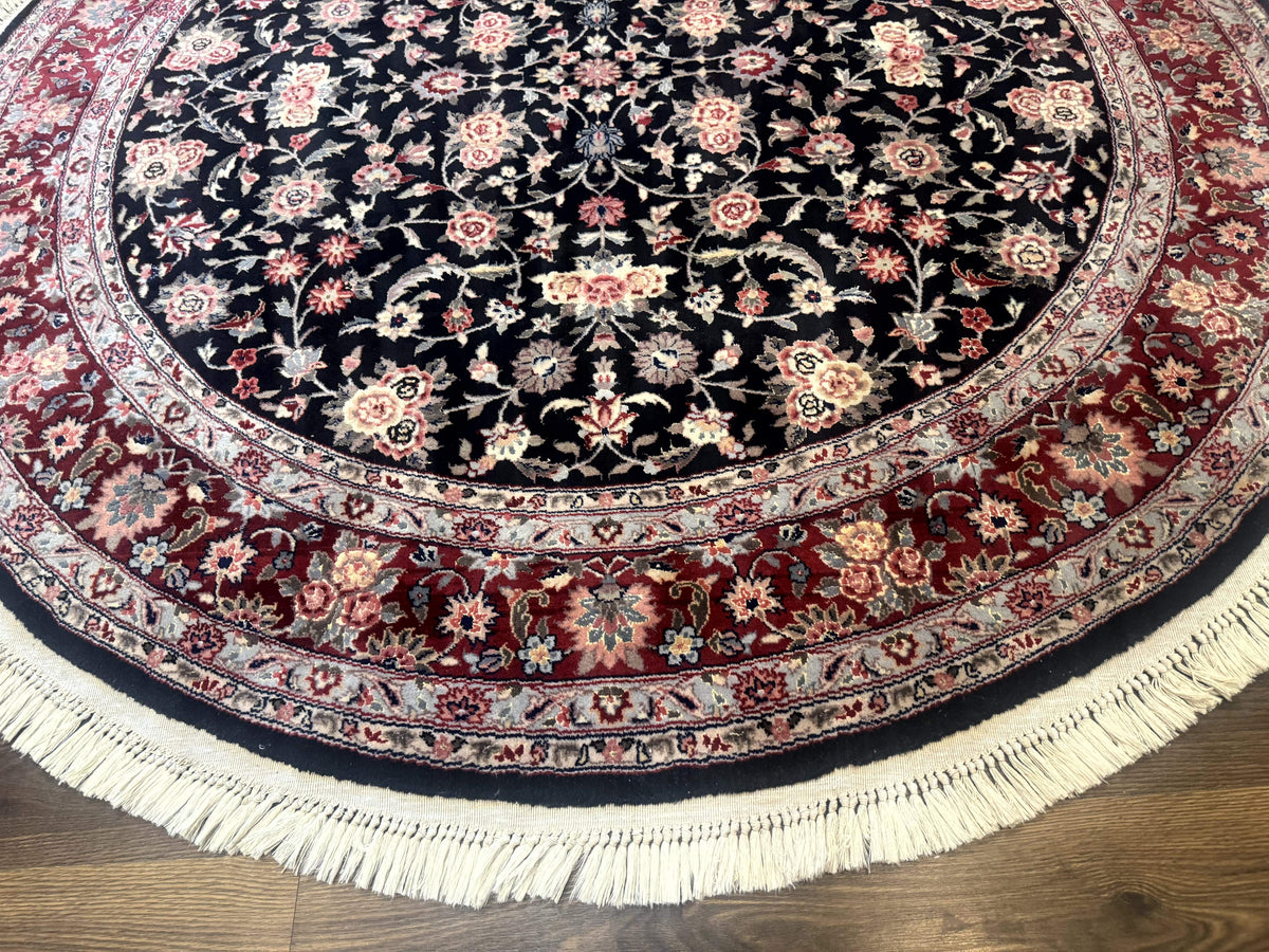 Round Sino Persian Rug 6x6, Floral, Navy Blue and Red, Wool and Silk Highlights - Jewel Rugs, view 5