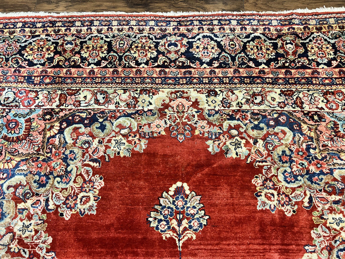 Persian Sarouk Rug 11x14, Semi Open Field, Large Antique Persian Wool Handmade Carpet, Red and Dark Blue, Floral - Jewel Rugs, view 3