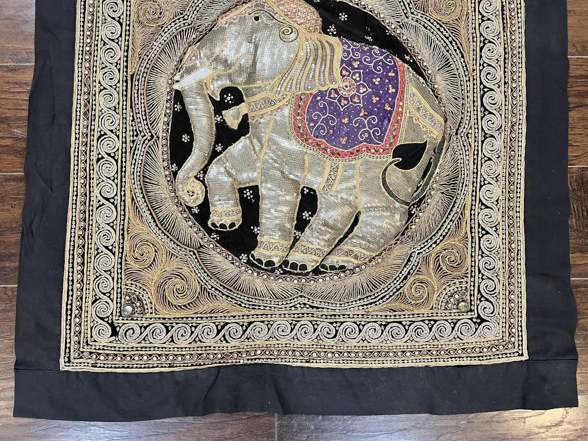 Indian Embroidery 3x3, Elephant Design, Detailed Needlepoint, Beadwork - Jewel Rugs, view 5