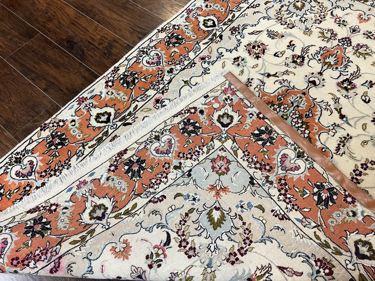 Persian Tabriz Rug 4.5 x 6.8, Finely Hand Knotted Wool with Silk Highlights Vintage Oriental Carpet, Cream and Salmon, High KPSI, Floral Medallion - Jewel Rugs, view 12