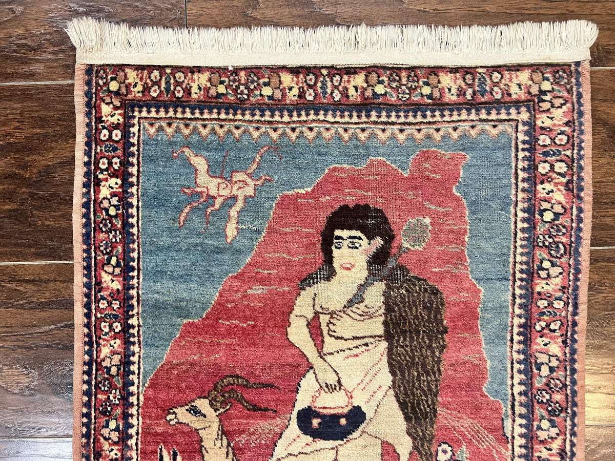Antique Persian Kirman Rug 2 x 2.5, Small Hand Knotted Wool Carpet, Lavar Rug, Shepherd with Ram Pictorial Rug #1 - Jewel Rugs, view 3
