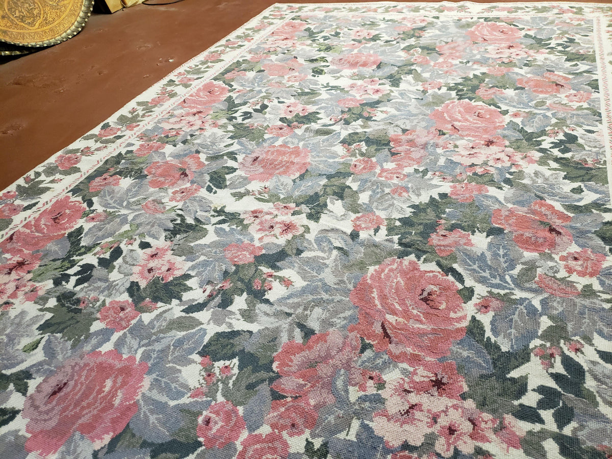 5x8 Needlepoint Rug 5' 4" x 8' 3" Wool Flat Weave Floral New Unused Carpet English Design Ivory Large Pink Flowers Green Leaves Hand-Knotted - Jewel Rugs, view 13