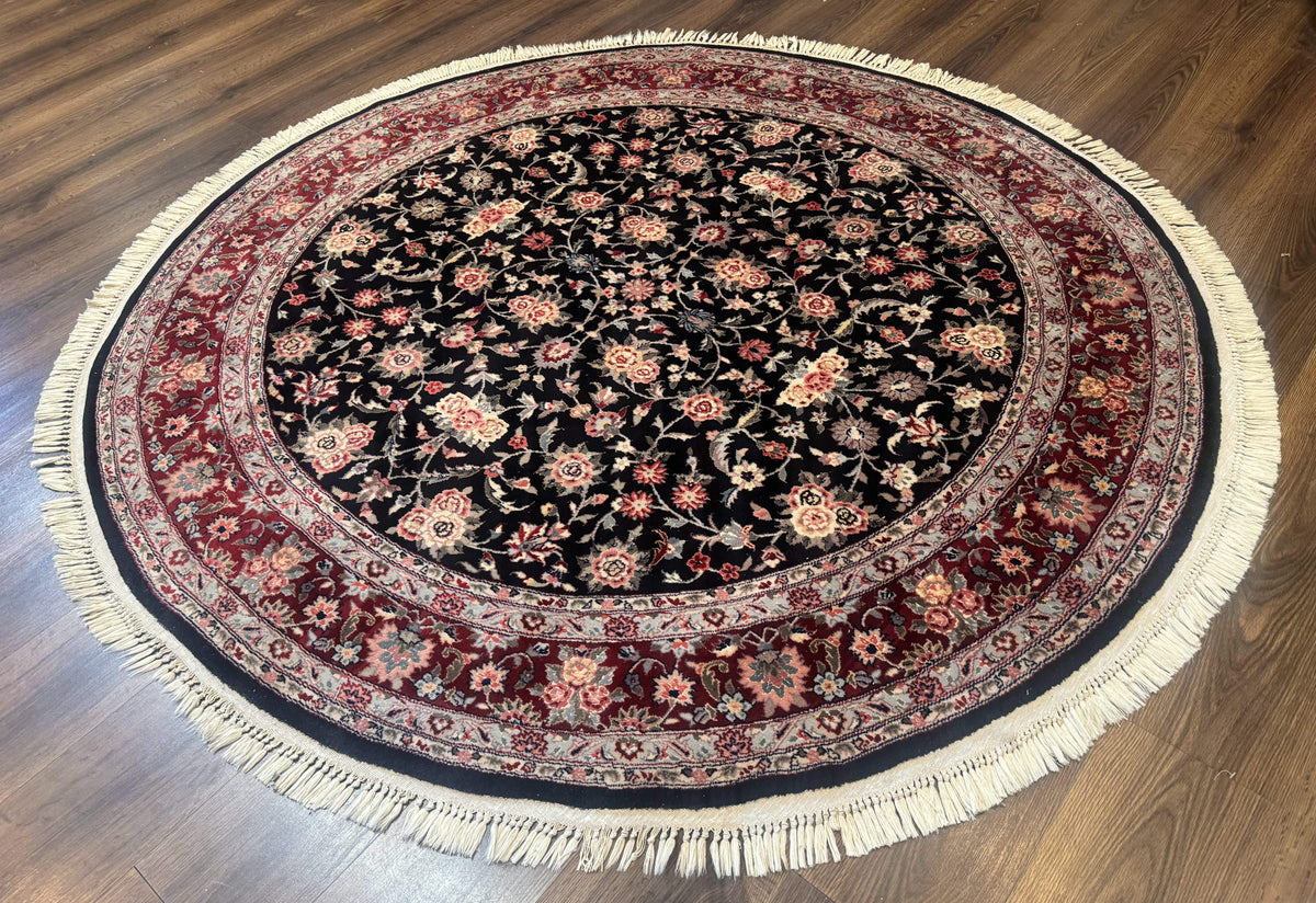 Round Sino Persian Rug 6x6, Floral, Navy Blue and Red, Wool and Silk Highlights - Jewel Rugs, view 12