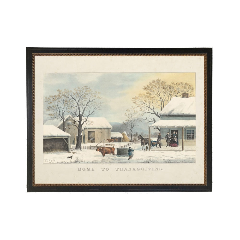 Vintage Home to Thanksgiving scene on a distressed bookplate background - Antique Curiosities