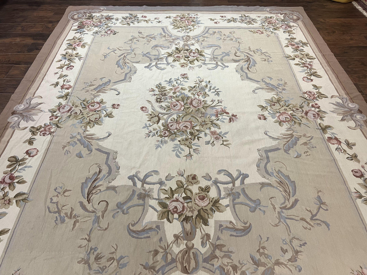Aubusson Needlepoint Rug 9x12, VIntage Handmade Wool Beige Floral European Elegant Rug 9 x 12, Floral Roses - Jewel Rugs, view 13
