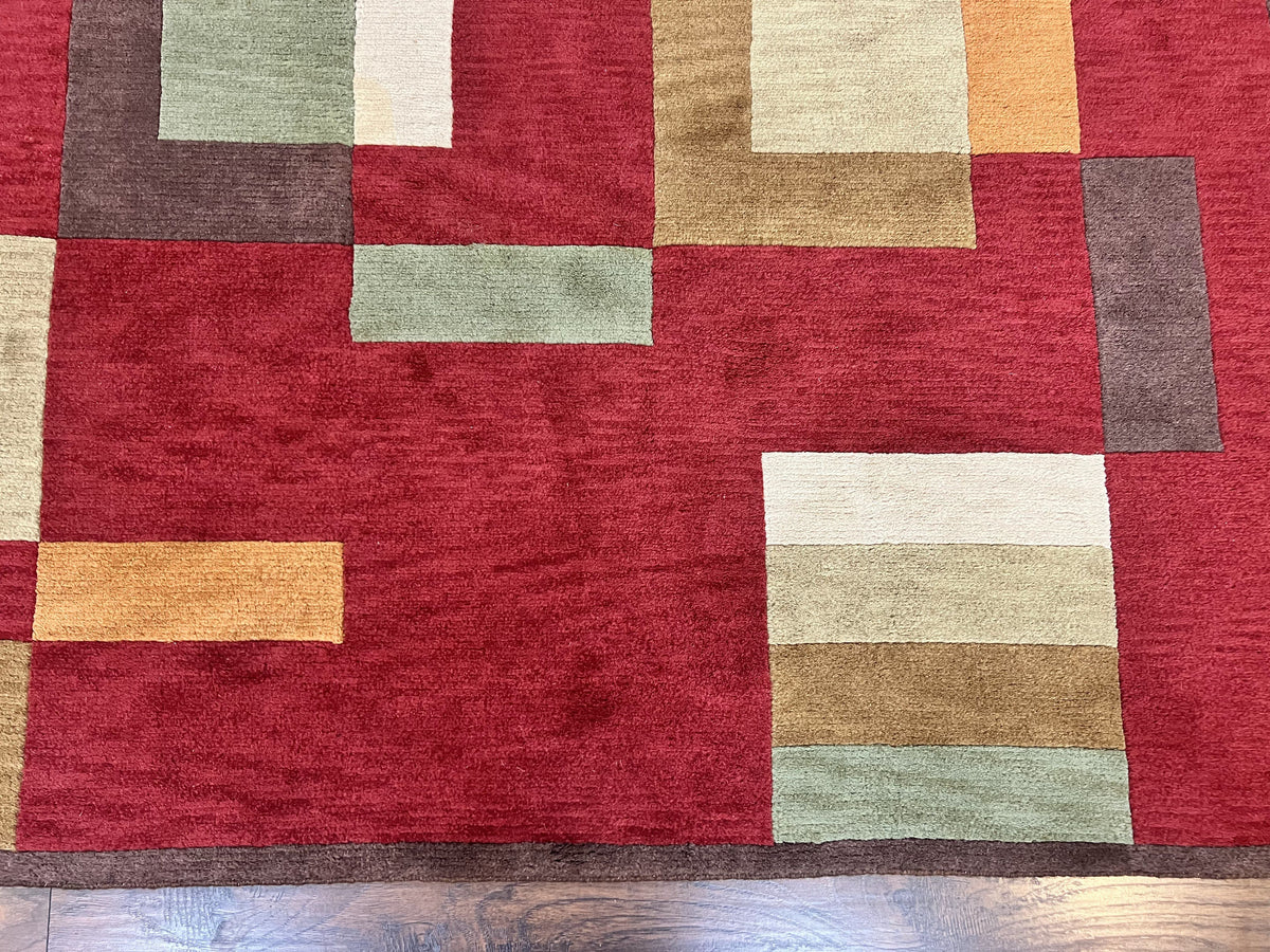 Indo Tibetan Modern Rug 5x8, Abstract Rug 5 x 8 ft, Red Multicolor Wool Handmade Contemporary Area Rug - Jewel Rugs, view 6