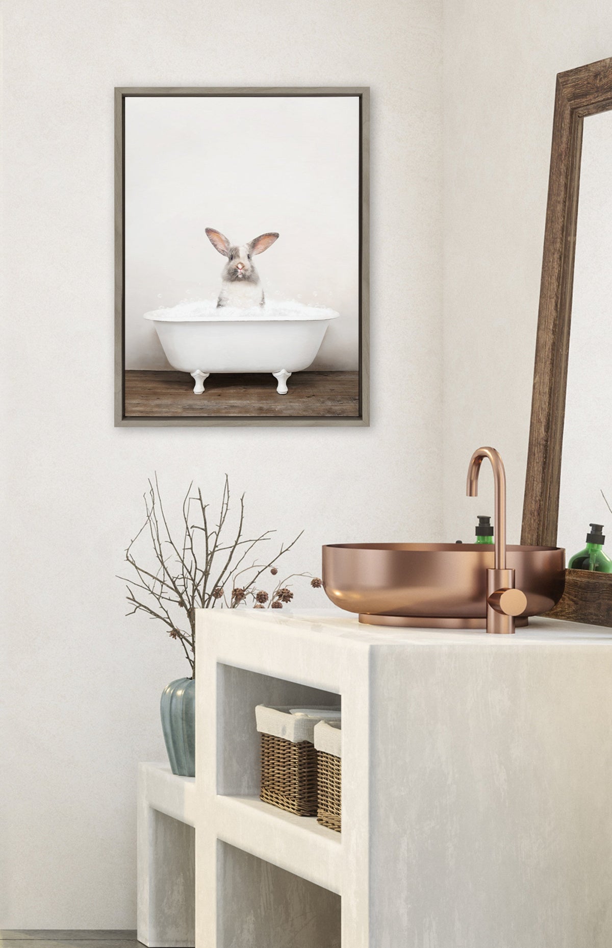 Sylvie Bunny in Rustic Bath Framed Canvas by Amy Peterson Art Studio