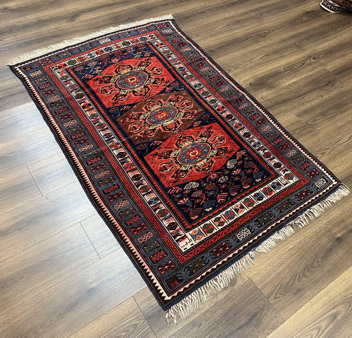 Antique Caucasian Seychour Rug 3.7 x 5.5, Collectible Oriental Carpet, Navy Blue and Red, Fine Kuba Rug, Vintage Rug, Wool Hand Knotted Rug - Jewel Rugs, view 12