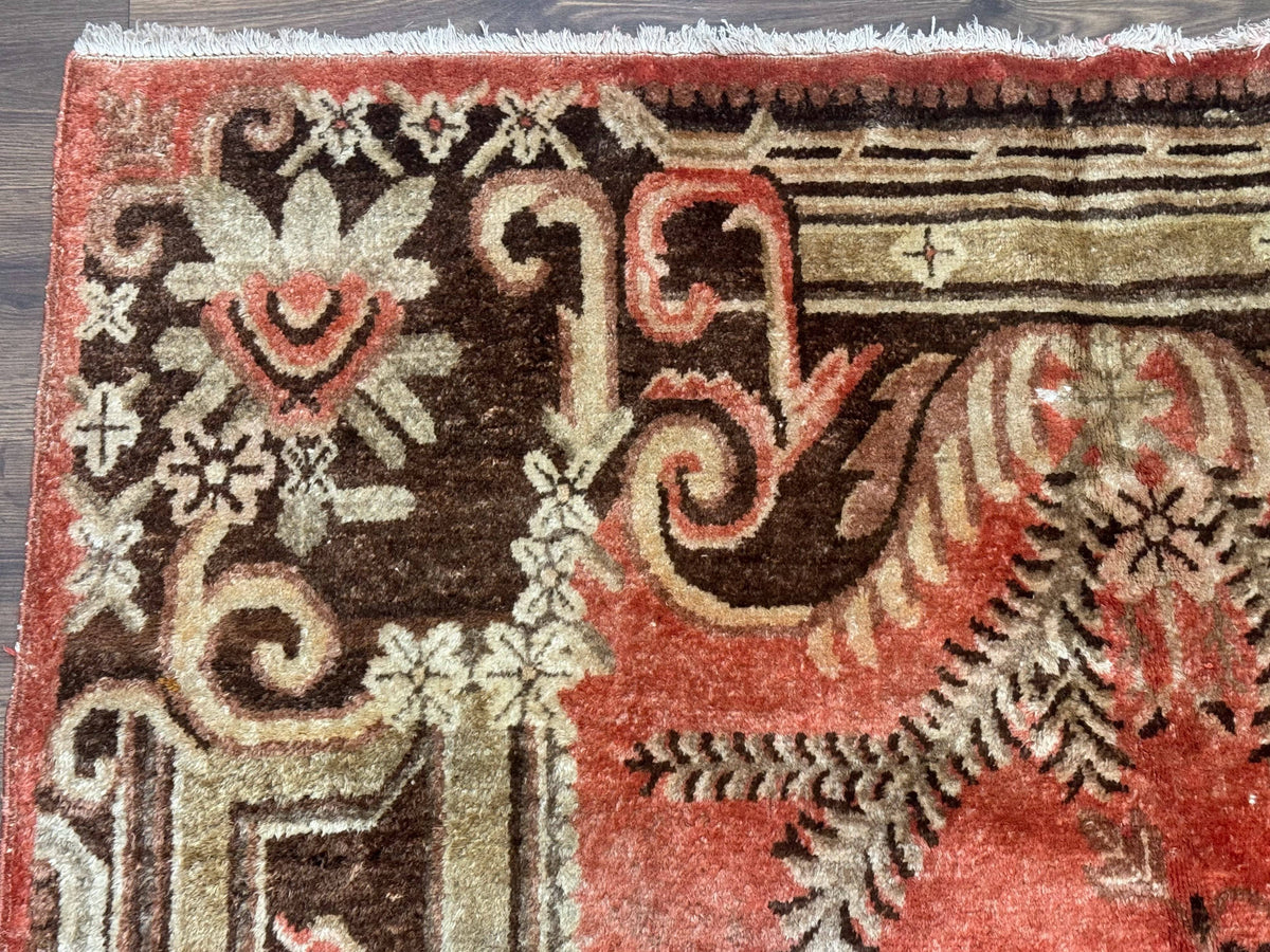 Khotan Rug 5x9, Terracotta and Brown, Floral, Chinese Wool Carpet, Antique Rug - Jewel Rugs, view 7