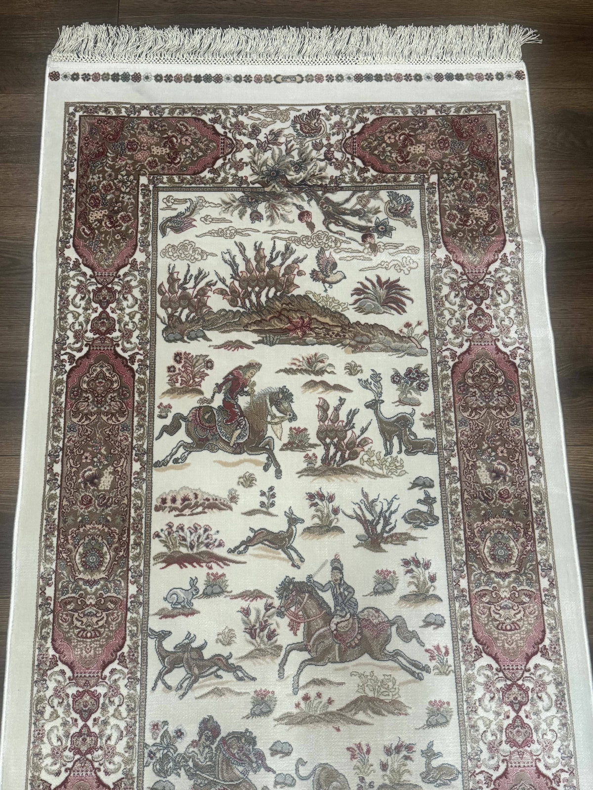 Turkish Silk Runner Rug 2.6 x 8, Hunting Design, Ivory, Bamboo Silk, New - Jewel Rugs, view 4