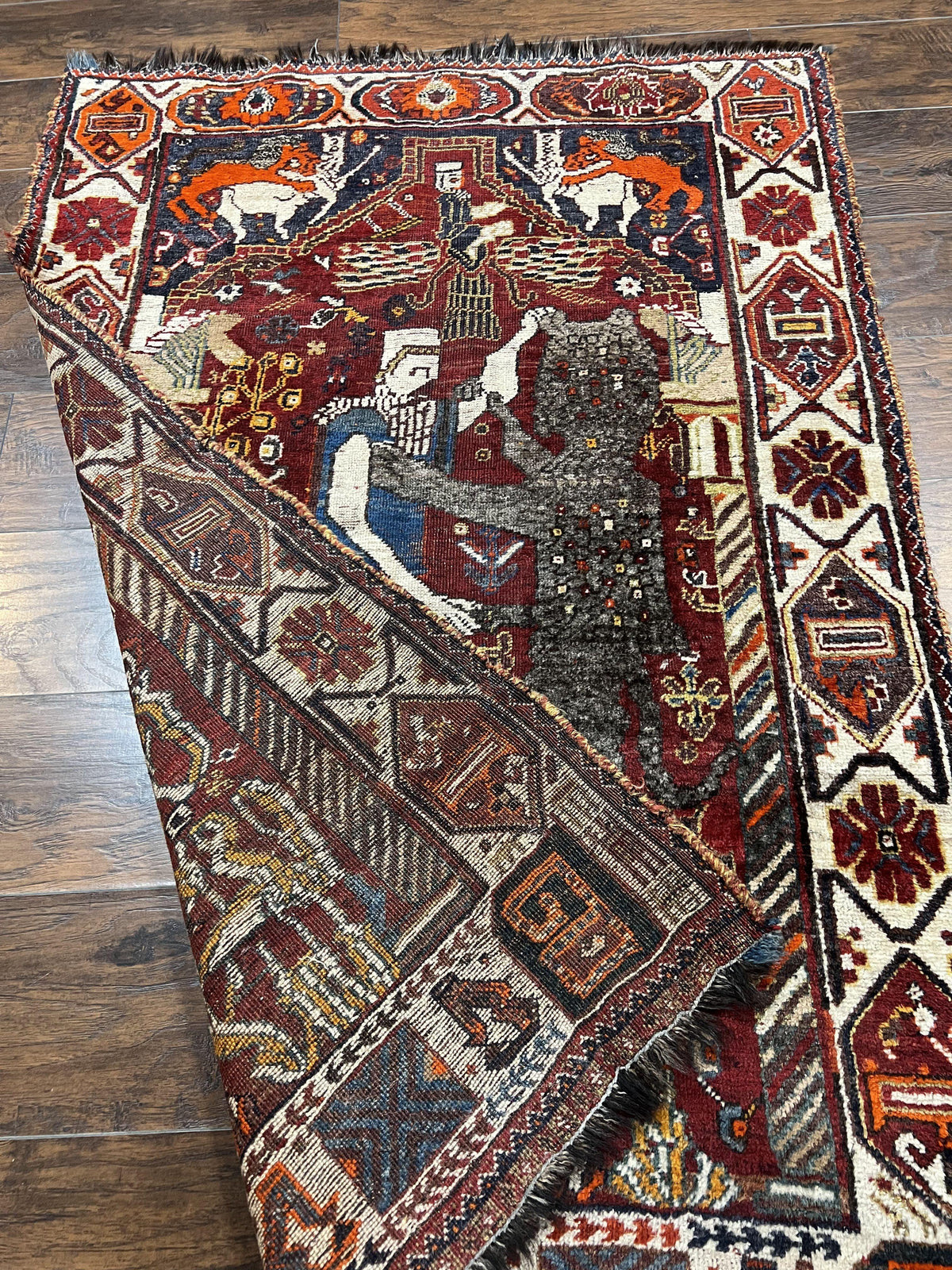 Antique Persian Shiraz Pictorial Rug 3.6 x 5, Persian Tribal Rug, Handmade, Lions, Highly Unique Collectible Small Persian Carpet, Maroon, Wool - Jewel Rugs, view 12