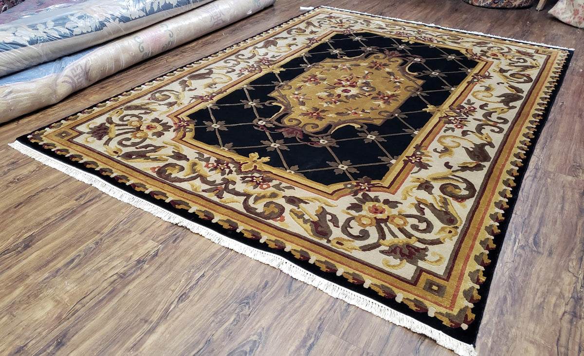 Nepal Rug 6x9, Nepalese Aubusson Area Rug 6 x 9, Hand-Knotted Wool Soft Pile Black & Beige Tibetan Aubusson New Carpet European Savonnerie - Jewel Rugs, view 3