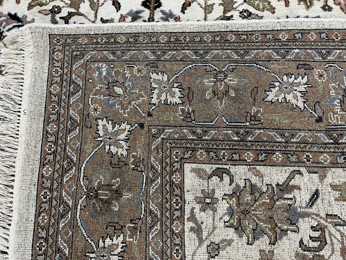 Indo Kirman Rug 8x12 Allover Floral Design, Ivory/Cream Brown, Vintage Handmade Hand Knotted Rug, Traditional Wool Persian Carpet 8 x 12 - Jewel Rugs, view 11