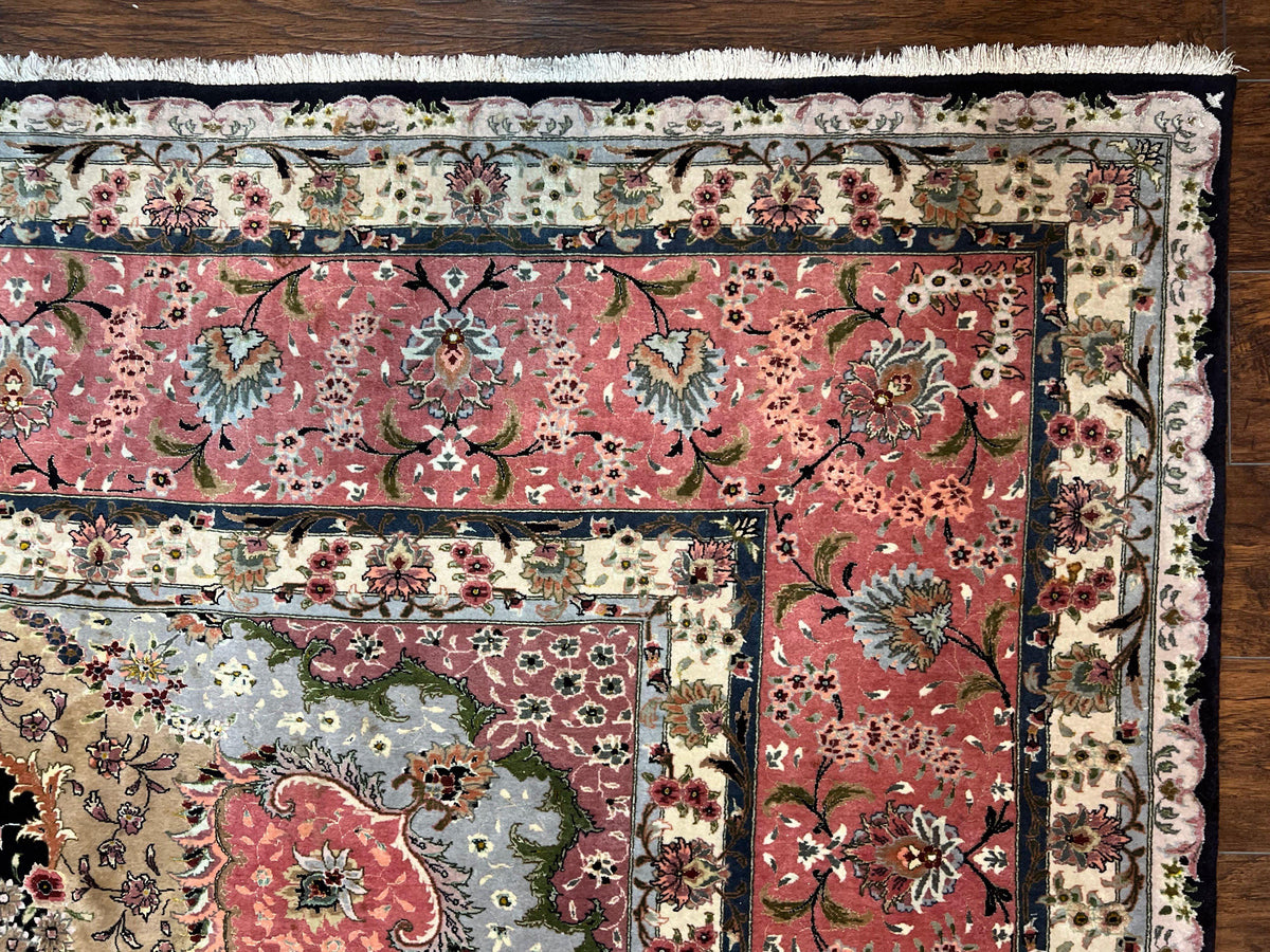 Magnificent Persian Tabriz Rug 11x16, Oversized Persian Carpet 11 x 16 ft, Wool on Silk Finely Hand Knotted, 450 KPSI, Floral Medallion, Black Pink - Jewel Rugs, view 7