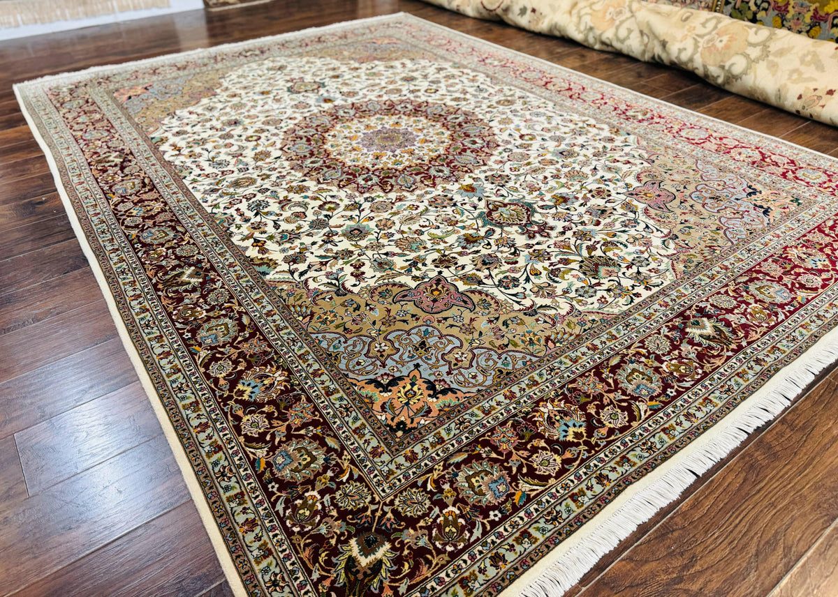 Persian Tabriz Rug 8x11, Floral Medallion Traditional Area Rug, Fine 300 KPSI, Ivory Maroon - Jewel Rugs, view 12