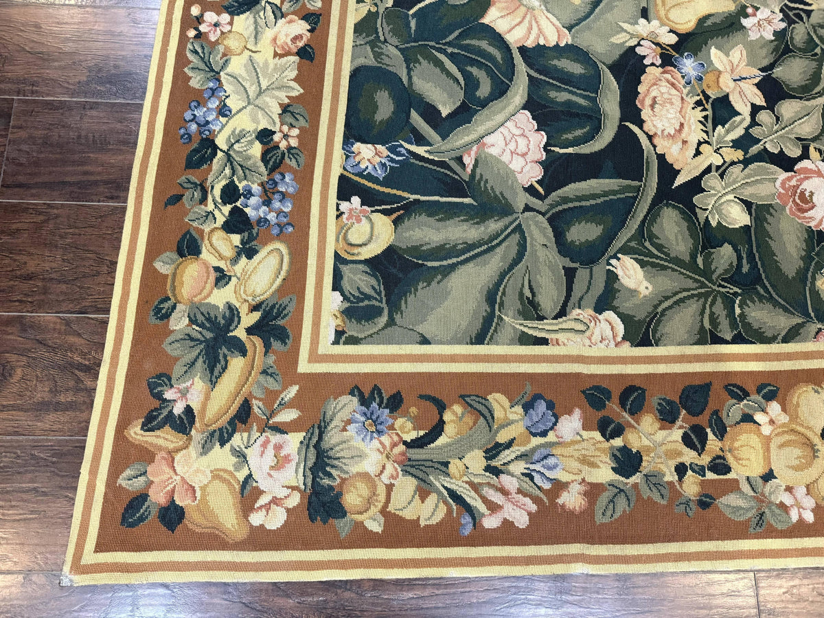 Needlepoint Rug 8x10, Vintage, Handmade, Wool, Green, Leaves & Fruits - Jewel Rugs, view 9