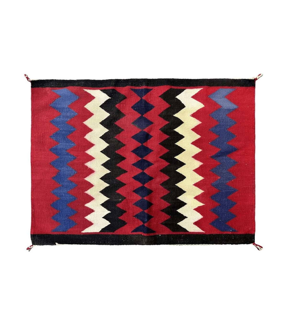 Antique Navajo Rug 3.7 x 2.8, Red Ivory Blue, Zig Zag Pattern, Handmade, Wool - Jewel Rugs