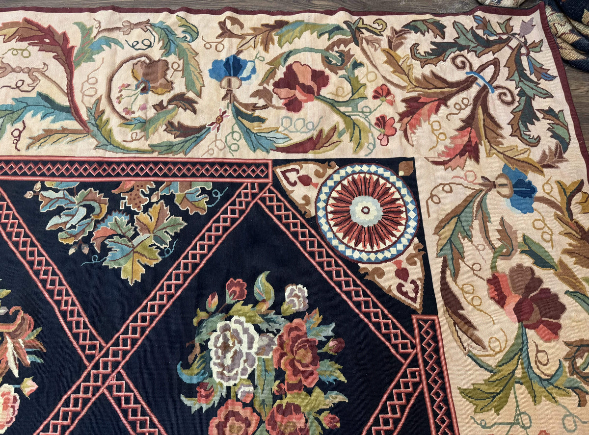 Palace Size Needlepoint Rug 12x20, European French English Aubusson Floral Design, Black and Beige - Jewel Rugs, view 7