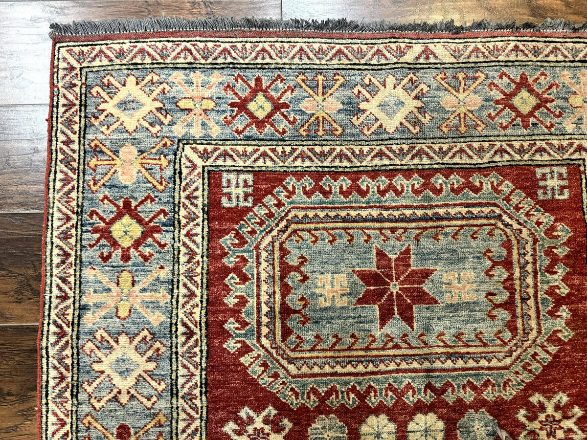 Turkish Kazak Rug 4x6, Handmade Vintage Wool Carpet, Geometric Design, Red and Light Blue - Jewel Rugs, view 7