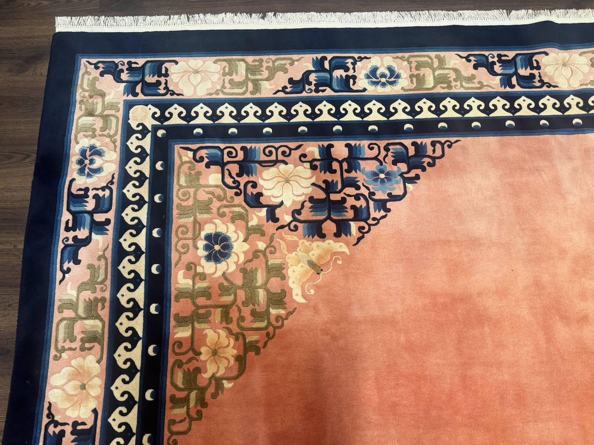 Chinese Wool Rug 11x18, Palace Sized Chinese Carpet, Peking Rug, Peach and Blue, Open Field, Simple Design, Art Deco Rug, Large Handmade Rug - Jewel Rugs, view 7
