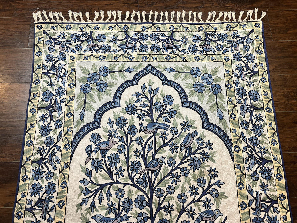 Tree of Life Indian Hand Stitched Rug 4x6, Indian Wall Hanging Rug, Ivory Blue, Silk on Cotton, Vintage - Jewel Rugs, view 13