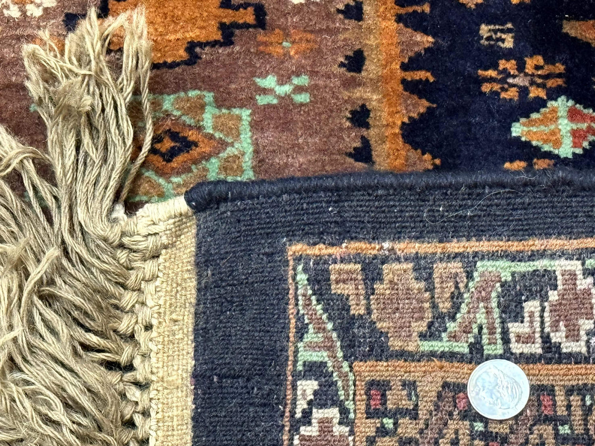 Vintage Afghan Rug 4x6, Navy Blue and Light Brown, Geometric Medallions, Wool on Wool, Tribal Rug - Jewel Rugs, view 11