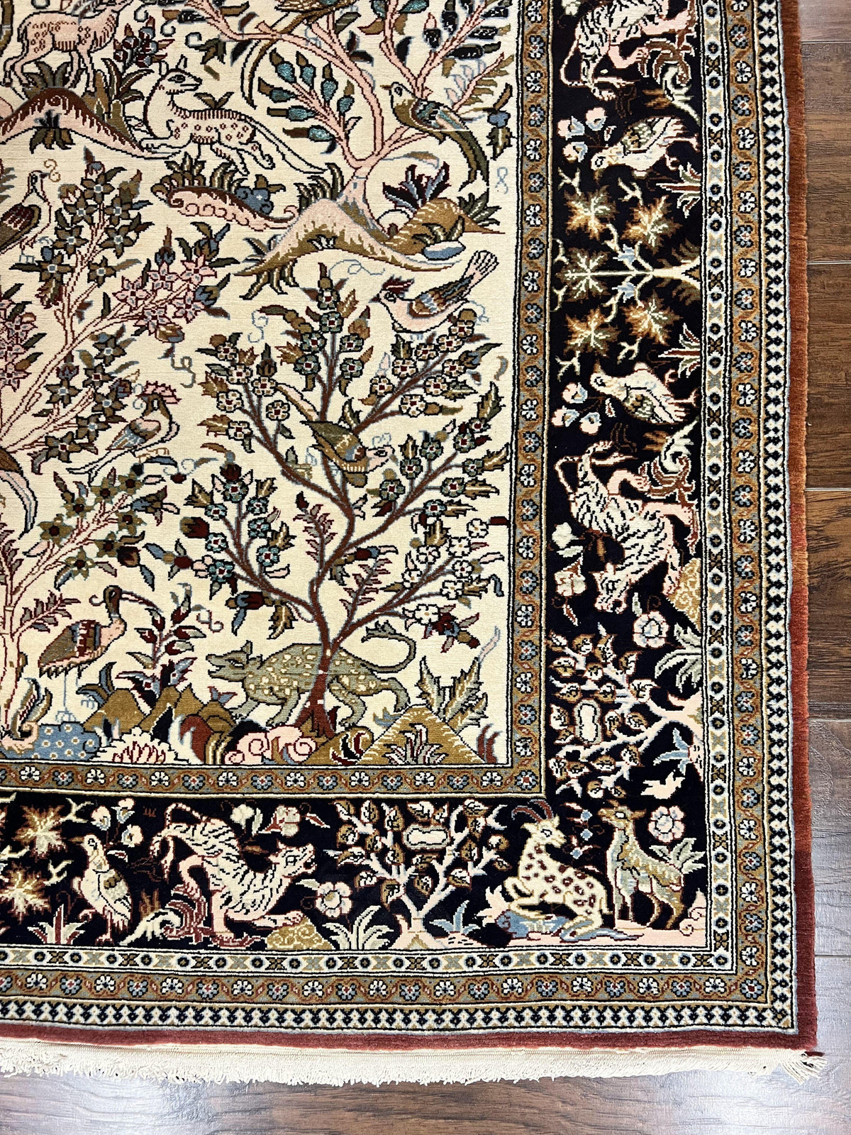 Persian Qum Tree of Life Rug 5x7, Wool and Silk Highlights, Animal Motifs, Vintage Hand Knotted Handmade Cream & Black Fine Oriental Carpet - Jewel Rugs, view 10