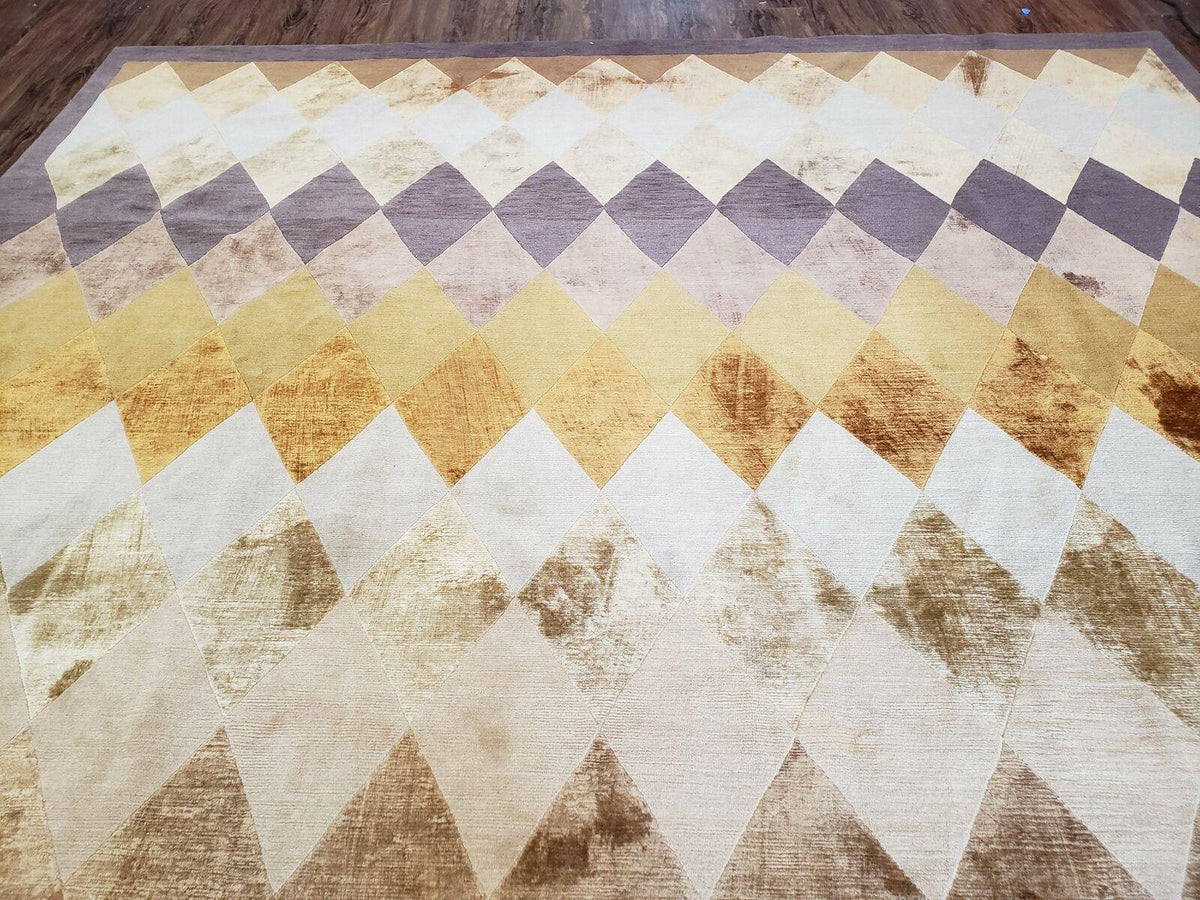 Modern Tibetan Rug 8.6 x 11, Wool and Silk, Multicolor, Diamond Panel Design - Jewel Rugs, view 3