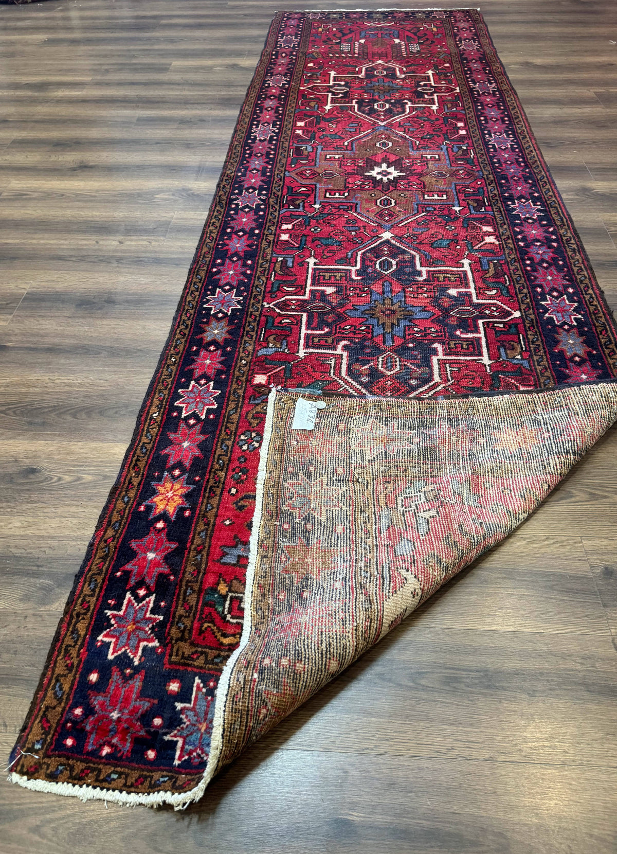 Persian Heriz Karajeh Runner Rug 3.7 x 12, Geometric Medallions, Red and Navy Blue - Jewel Rugs, view 12