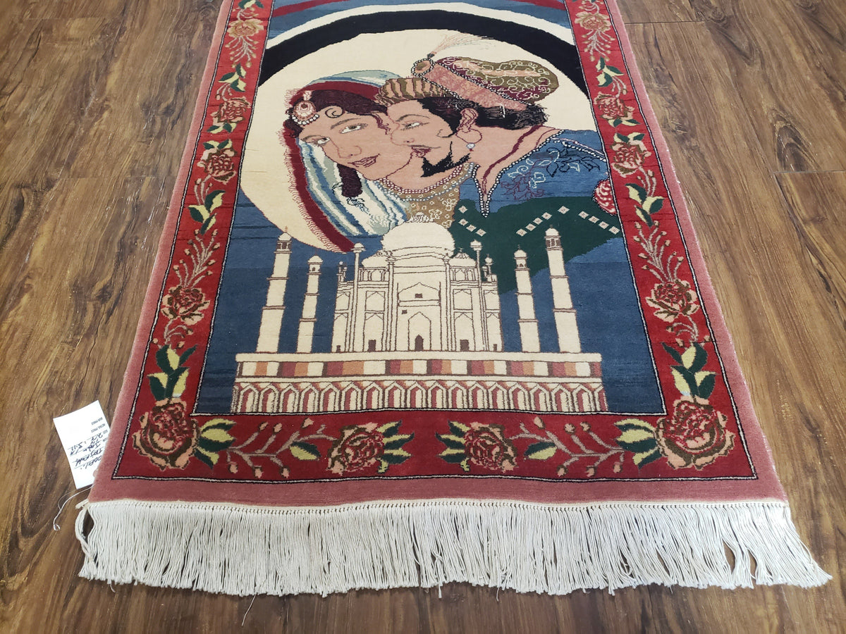 Vintage Small Pictorial Lovers Rug 2.5 x 4, Taj Mahal Indo Persian Rug, Wool Hand-Knotted Indian Rug, King & Queen, Layla and Majnun - Jewel Rugs, view 6
