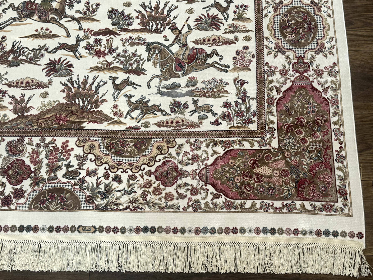 Turkish Silk Rug 5x8, Ivory, Hunting Design, Animal Pictorials, Bamboo Silk - Jewel Rugs, view 10