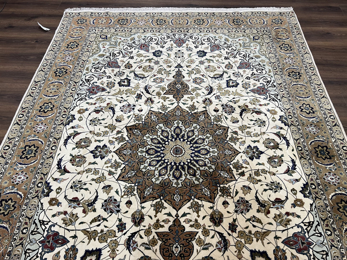 Wonderful Persian Tabriz Rug 7x10, Floral Medallion, Very Fine Oriental Carpet, Ivory - Jewel Rugs, view 12