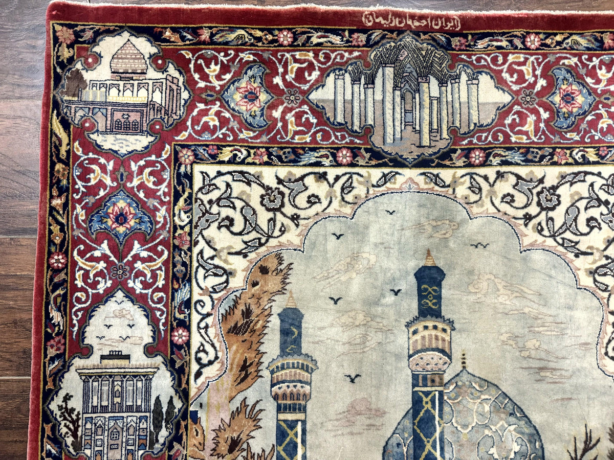 Persian Isfahan Pictorial Rug 3.6 x 5.7, Very Fine 400 KPSI, Historical Buildings, Signed By Masterweaver, Handmade - Jewel Rugs, view 7