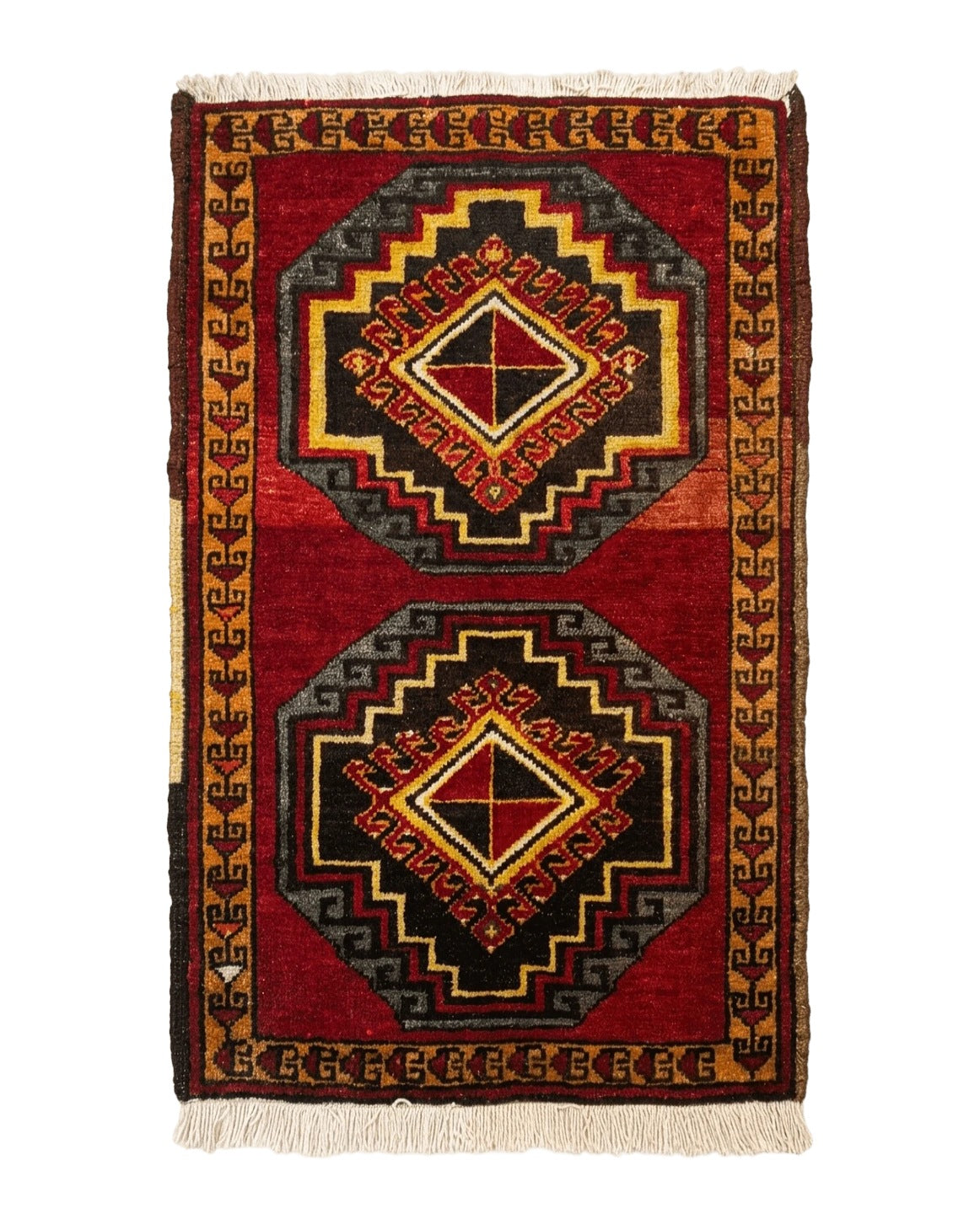 Small Antique Turkish Yastik Rug 2x3, Double Medallions, Geometric, Red, Wool - Jewel Rugs