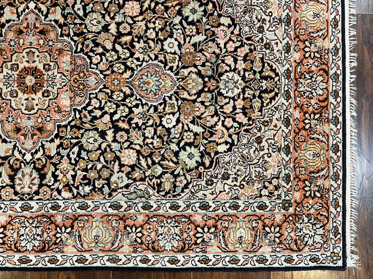 Silk Indian Kashmiri Rug 3x5, Indo Persian Silk on Silk Carpet, Very Fine 350 KPSI, Navy Blue, Handmade, Floral Medallion - Jewel Rugs, view 9