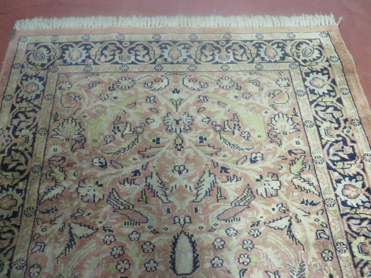 Indian Silk Rug 4x6, Indian Kashmiri Silk Carpet 4 x 6 ft, Vintage Hand Knotted Floral Bird Motifs, Light Pink and Navy Blue, Silk on Cotton - Jewel Rugs, view 4