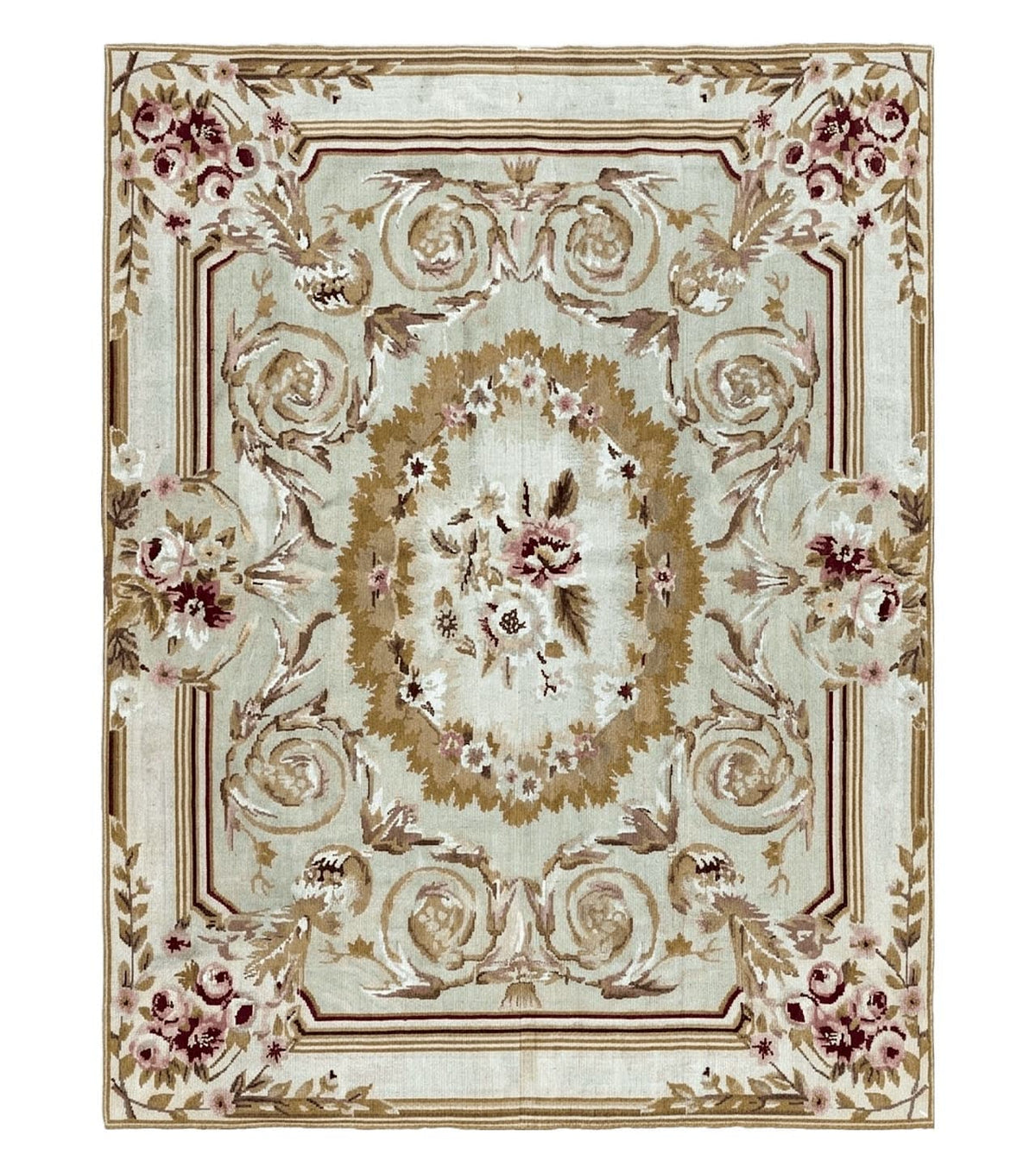 Aubusson Needlepoint Rug 4x5 ft, Beige and Tan, Aubusson Savonnerie Vintage Carpet, Handwoven Handmade Wool Rug, European Design Floral Rose - Jewel Rugs