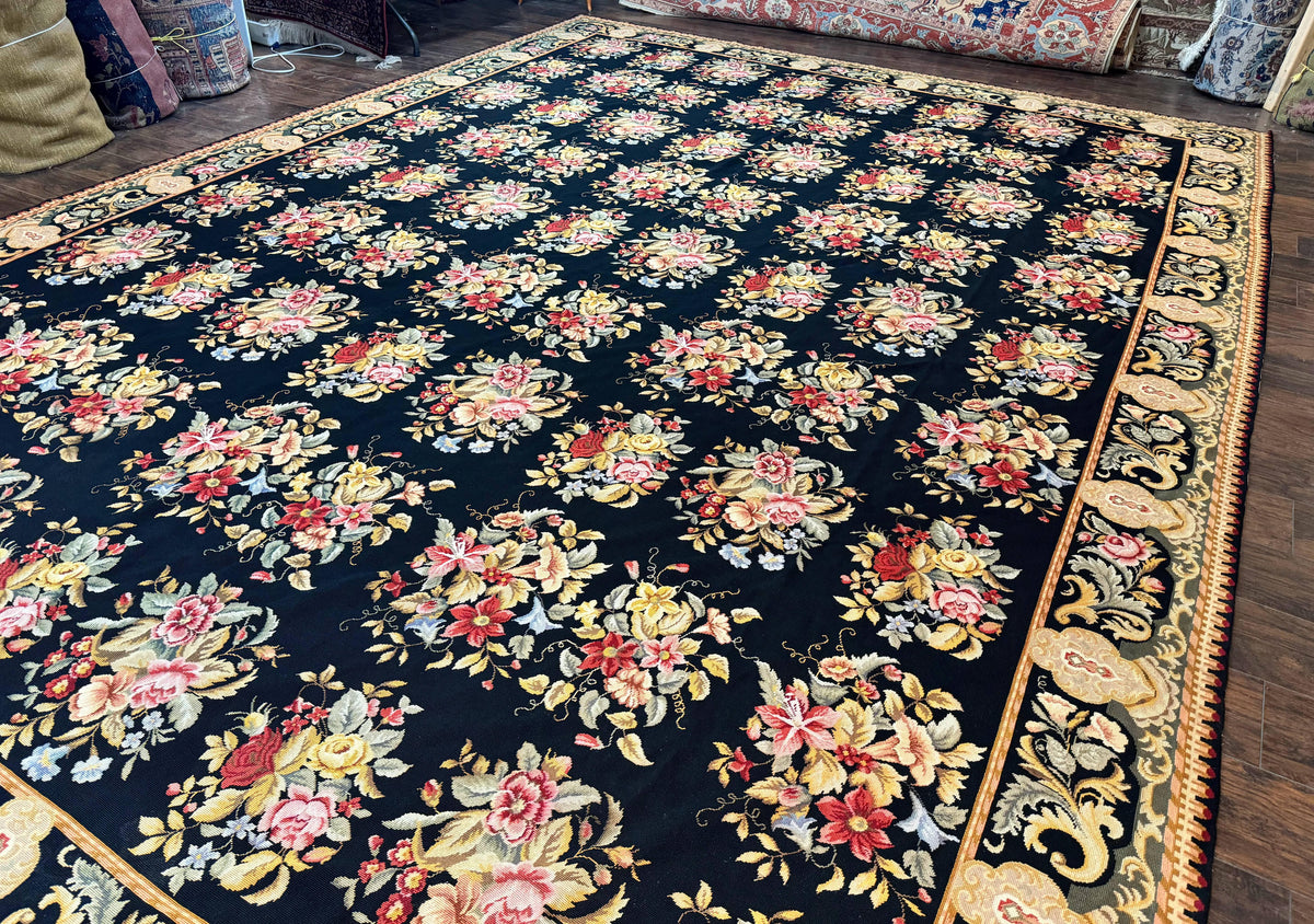 Palace Size Needlepoint Rug 12x16, Black and Colorful, Floral Panel, Handmade Oversized Wool Needlepoint Carpet, Rare - Jewel Rugs, view 3