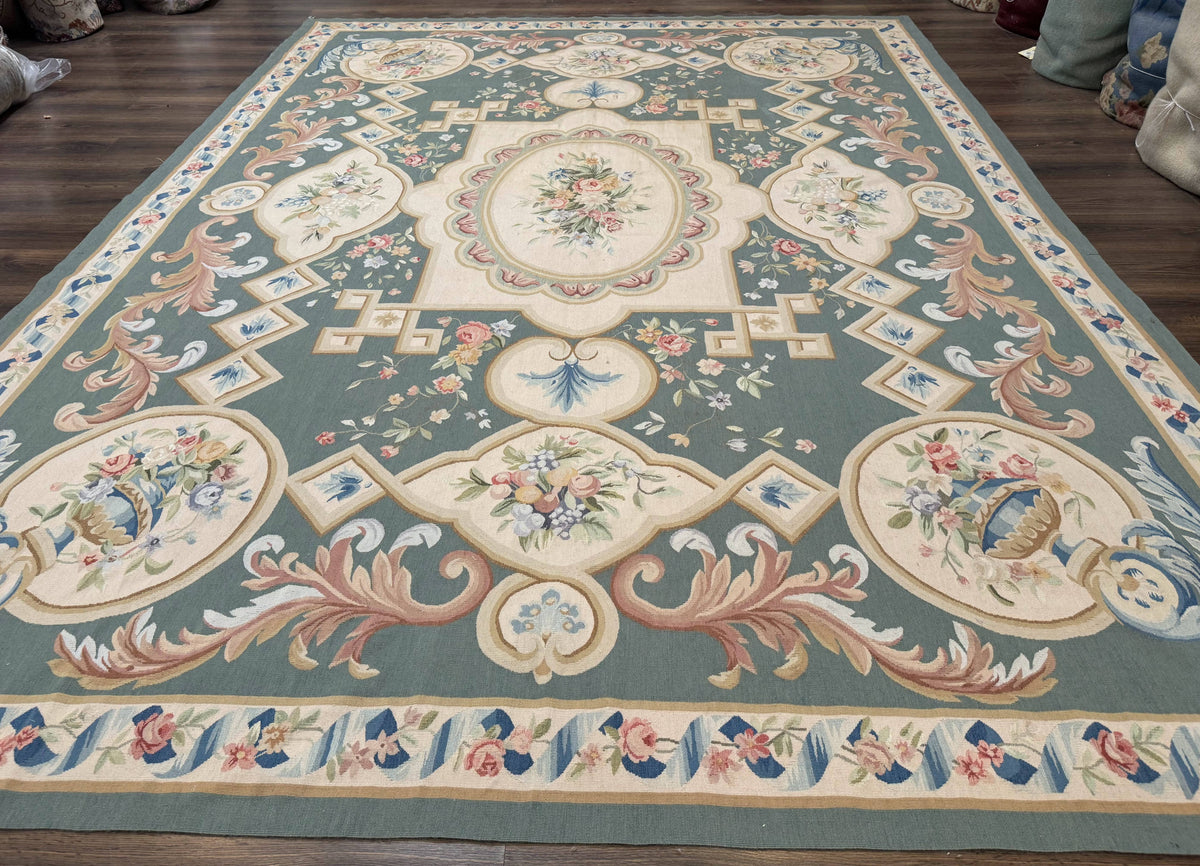 Aubusson Rug 9x12, Muted Sage Green and Cream, European Design - Jewel Rugs, view 2