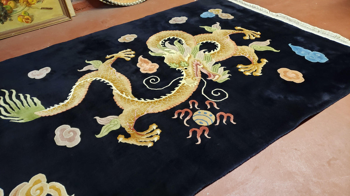 Rare Antique Chinese Art Deco Rug 6x9 with Dragon, Black Chinese Carpet 6 x 9, Hand Knotted Wool Area Rug - Jewel Rugs, view 3