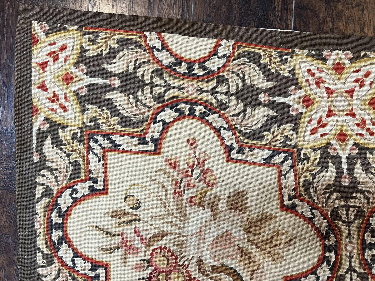 Needlepoint Runner Rug 2.8 x 9.8, Brown and Beige, Handwoven Handmade Floral French European Design, Vintage Flatweave 10ft Wool Runner Rug - Jewel Rugs, view 12
