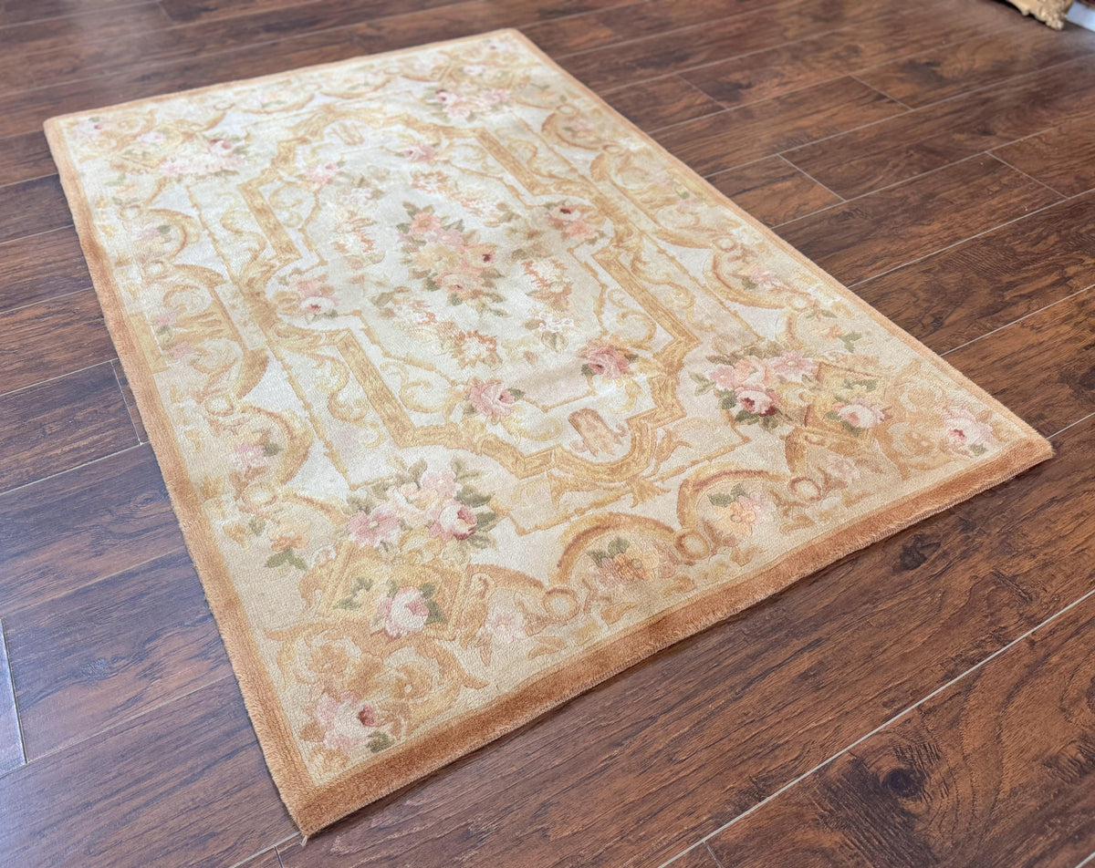 Chinese Aubusson Rug 3.6 x 5, Beige and Gold, Handmade Vintage Elegant European Design Carpet, Plush Wool, Handmade - Jewel Rugs, view 3