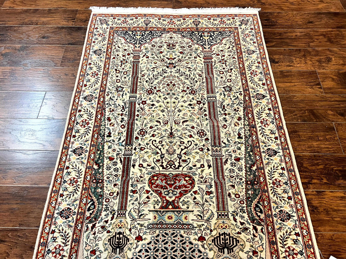 Pak Perisan Prayer Rug 4x6, Tree of LIfe Carpet, Handmade Vintage Wool Rug, Beige, Floral Vases - Jewel Rugs, view 3