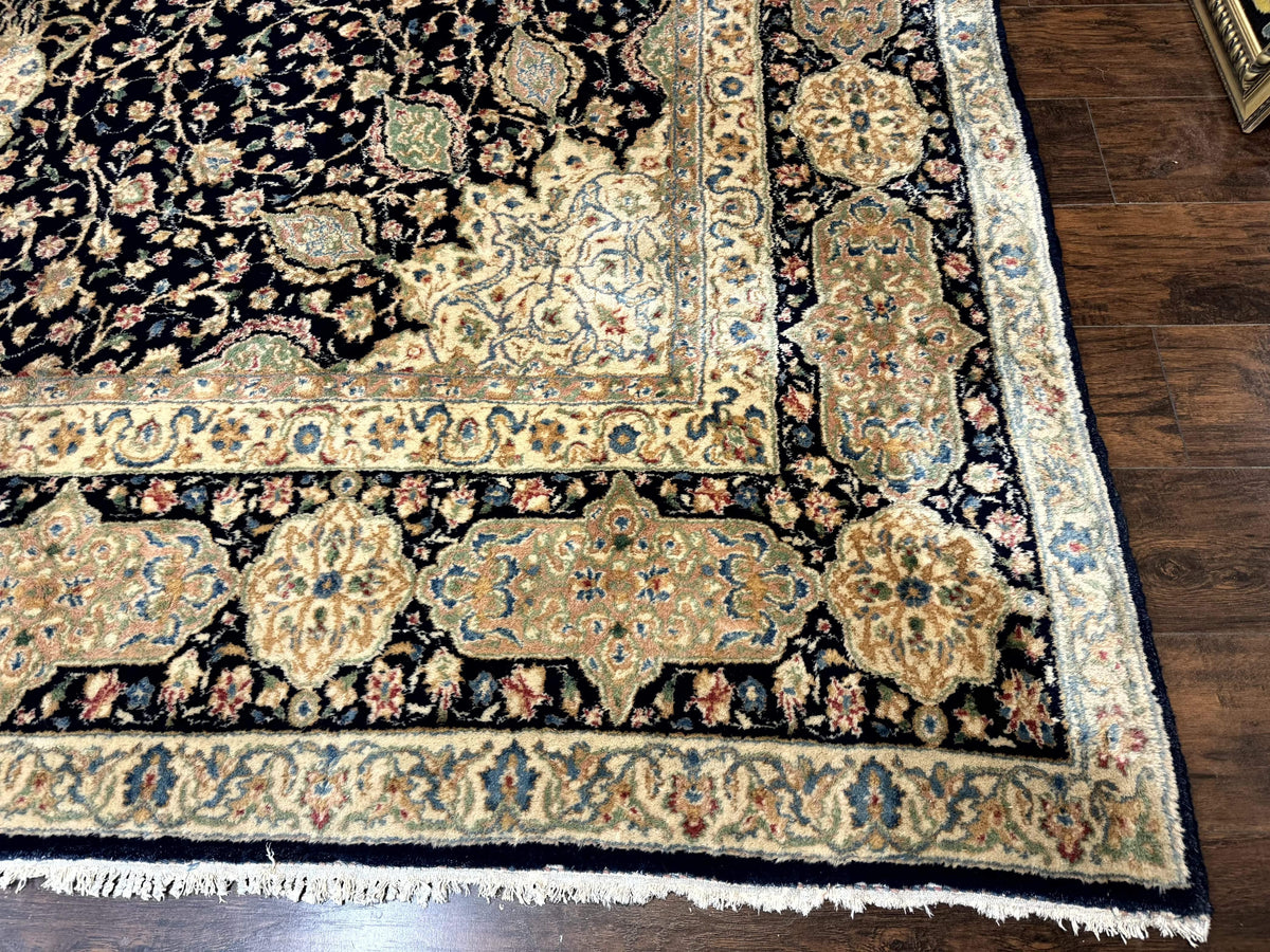 Large Persian Kerman Rug 10x14, Navy Blue and Beige, Floral Medallion, Traditional Elegant Persian Carpet, Signed by Masterweaver - Jewel Rugs, view 9