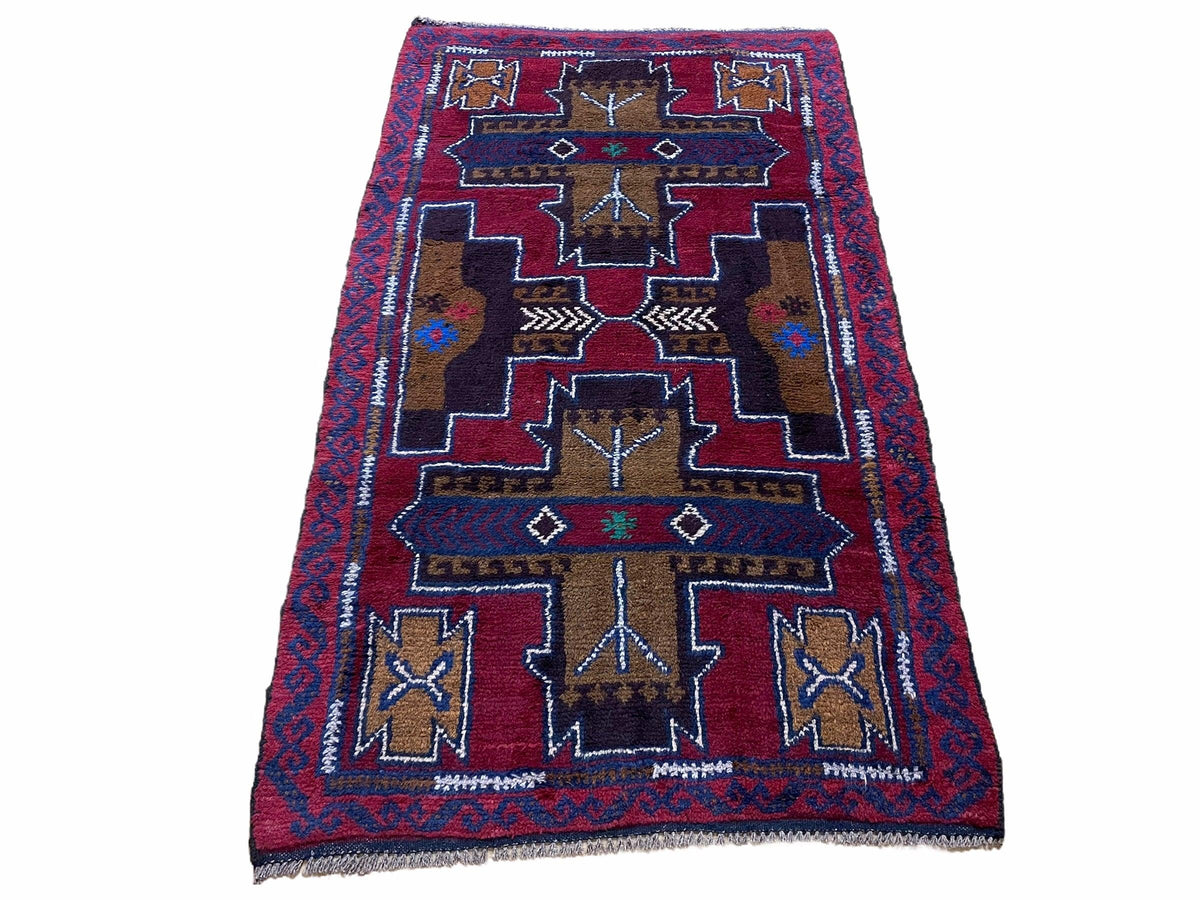 2' 10" X 4' 9" Vintage Handmade Tribal Wool Rug Balouchi Rug Afghan Rug Red Blue - Jewel Rugs, view 2