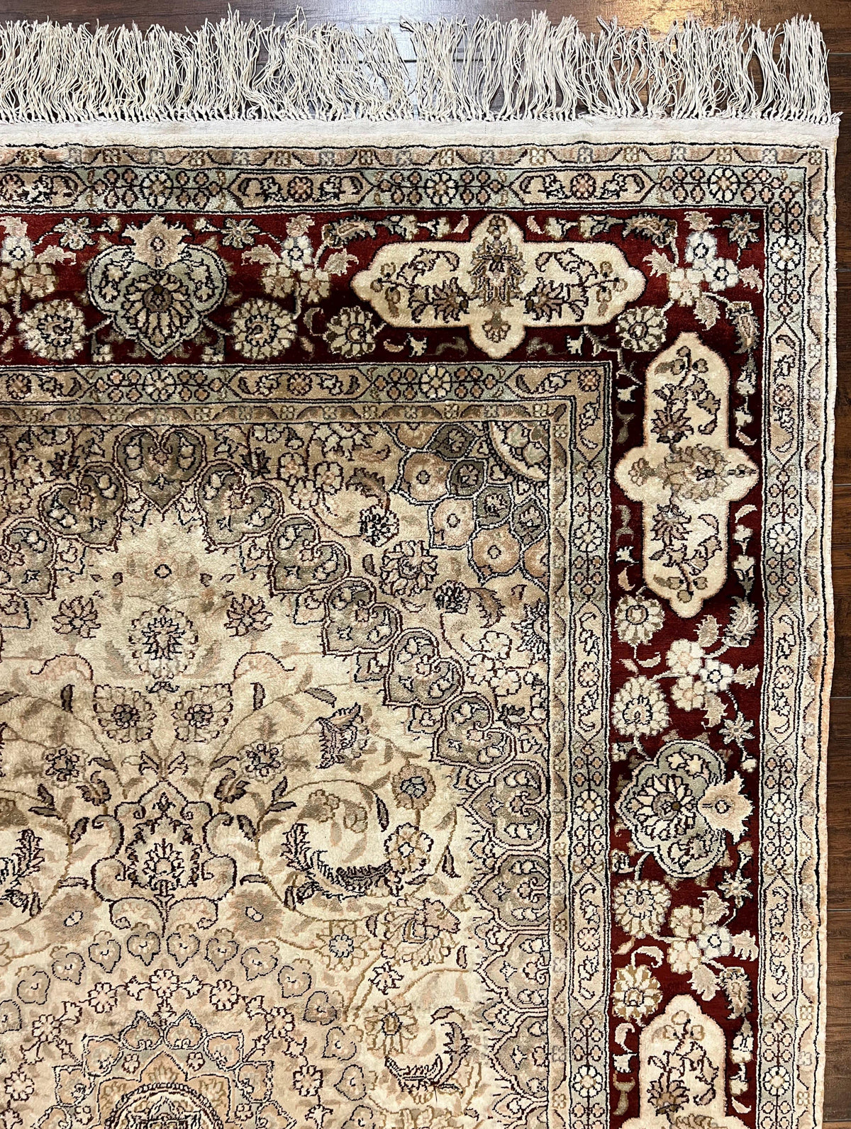 Silk Indian Kashmiri Rug 4x6 ft, Floral Medallion Hand Knotted Handmade Oriental Carpet, Vintage, Cream Burgundy, Very Fine Silk Rug 4 x 6 - Jewel Rugs, view 7