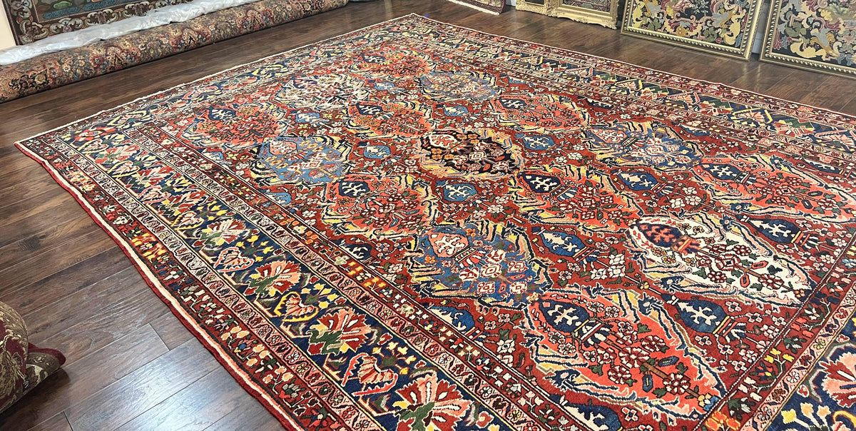 Large Persian Bakhtiari Rug 10x14, Rare Perisan Tribal Rug, Red Blue Ivory Multicolor, Hand Knotted, Semi Antique Carpet - Jewel Rugs, view 3