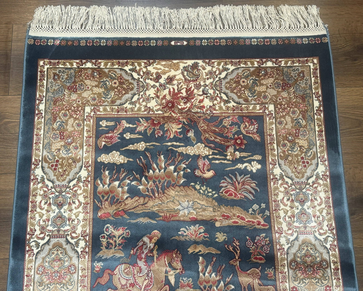 Turkish Silk Hunting Scene Rug 2.6 x 5, Dark Steel Blue & Ivory, Bamboo Silk, New - Jewel Rugs, view 4