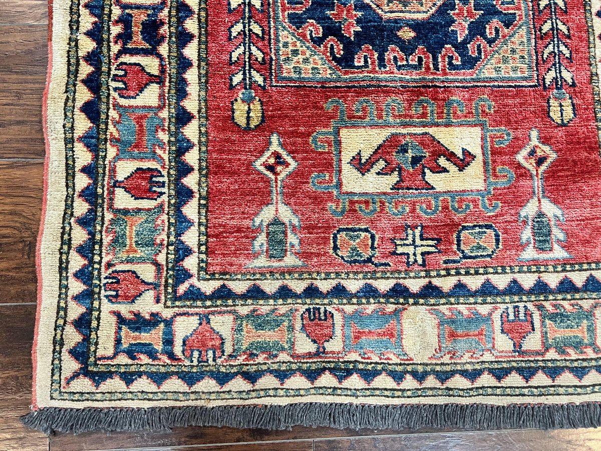 Turkish Kazak Rug 3x4, Wool Hand Knotted Small Vintage Carpet, Red Navy Blue, 3 x 4 Oriental Rug, Geometric Design - Jewel Rugs, view 9