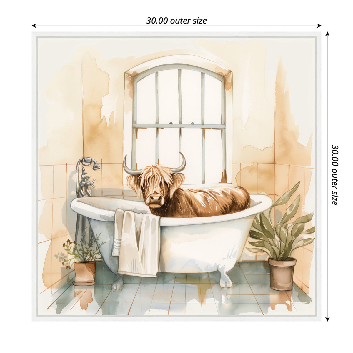 Sylvie Highland Cow Bathroom Watercolor Framed Canvas by The Creative Bunch Studio